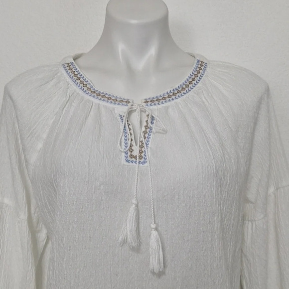 Ruby Rd Bohemian Embroidered Tassel Tie Balloon Sleeve Peasant Boho Hippie Top M - Picture 2 of 13